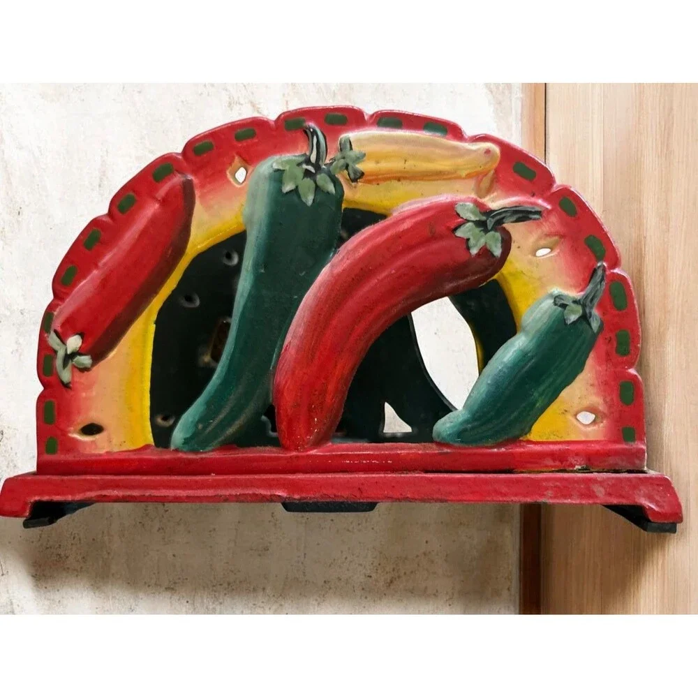 Wrought Cast Iron Hot Peppers Napkin/Letter Holder Vgt Hand Painted Collectible